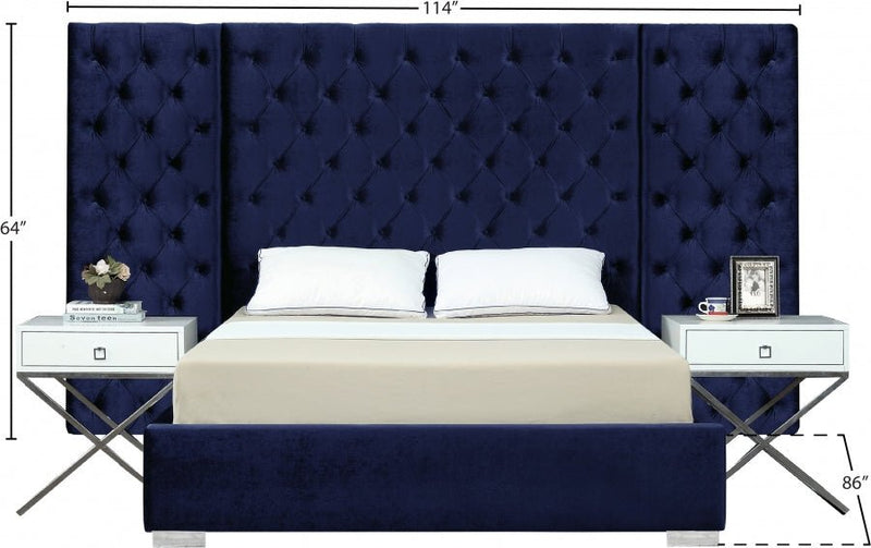 Grande Velvet Queen Bed (3 Boxes) Blue - Gate FurnitureQueen Bed
