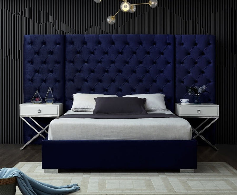 Grande Velvet Queen Bed (3 Boxes) Blue - Gate FurnitureQueen Bed