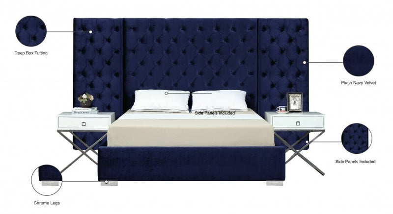 Grande Velvet Queen Bed (3 Boxes) Blue - Gate FurnitureQueen Bed