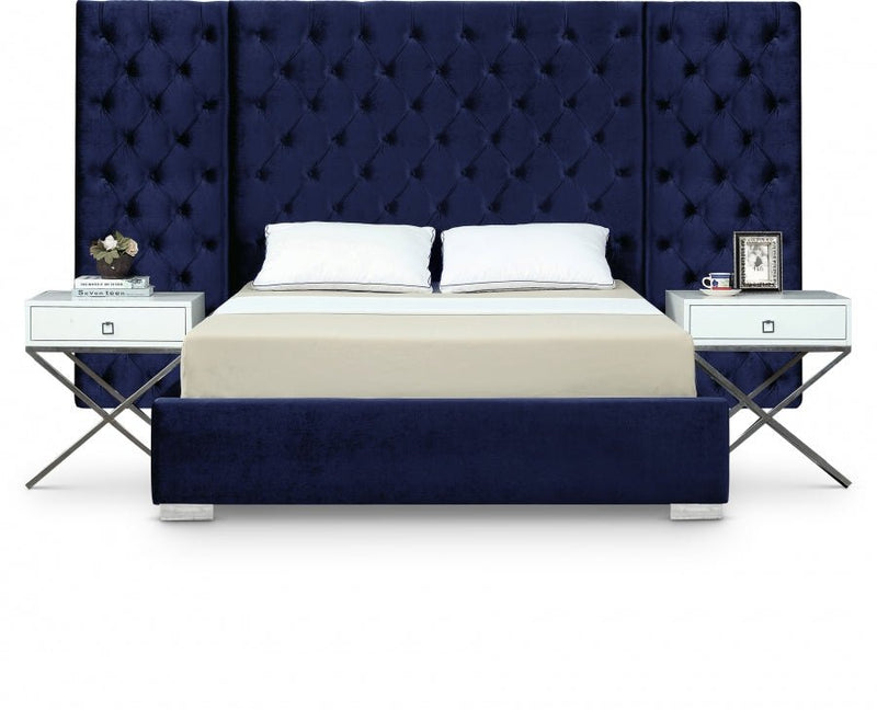 Grande Velvet Queen Bed (3 Boxes) Blue - Gate FurnitureQueen Bed