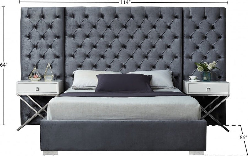 Grande Velvet Queen Bed (3 Boxes) Grey - Gate FurnitureQueen Bed