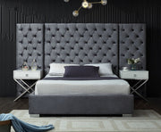 Grande Velvet Queen Bed (3 Boxes) Grey - Gate FurnitureQueen Bed
