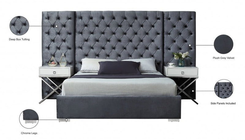 Grande Velvet Queen Bed (3 Boxes) Grey - Gate FurnitureQueen Bed