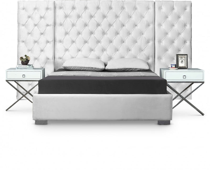Grande Velvet Queen Bed (3 Boxes) White - Gate FurnitureQueen Bed