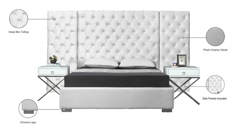 Grande Velvet Queen Bed (3 Boxes) White - Gate FurnitureQueen Bed