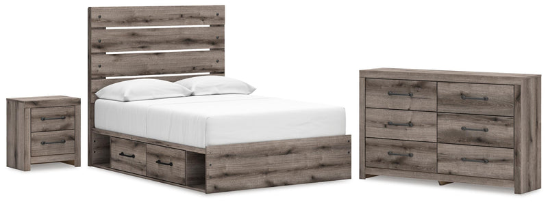 Graystorm Full Panel Bed with Storage, Dresser and Nightstand in Brown Gray - PKG021394