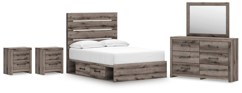 Graystorm Full Panel Bed with Storage, Dresser, Mirror and 2 Nightstands in Brown Gray - PKG021388