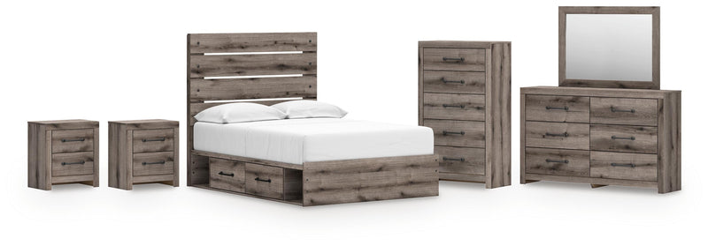 Graystorm Full Panel Bed with Storage, Dresser, Mirror, Chest and 2 Nightstands in Brown Gray - PKG021389