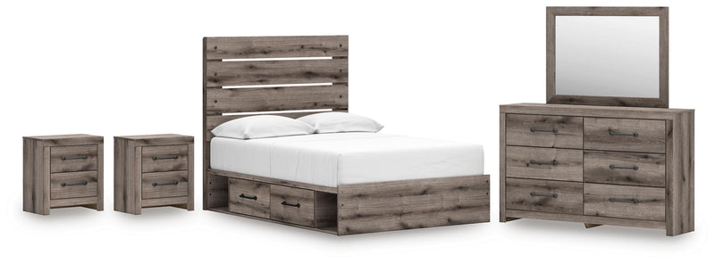 Graystorm Full Panel Storage Bed, Dresser, Mirror and 2 Nightstands in Brown Gray - PKG021372