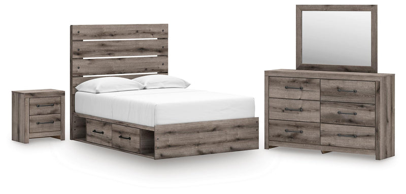 Graystorm Full Panel Storage Bed, Dresser, Mirror and Nightstand in Brown Gray - PKG021374