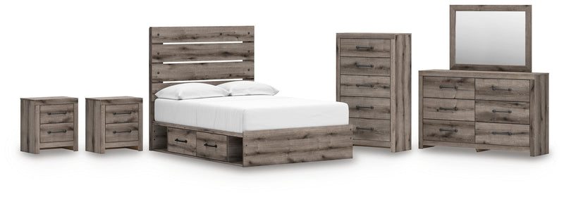Graystorm Full Panel Storage Bed, Dresser, Mirror, Chest and 2 Nightstands in Brown Gray - PKG021373