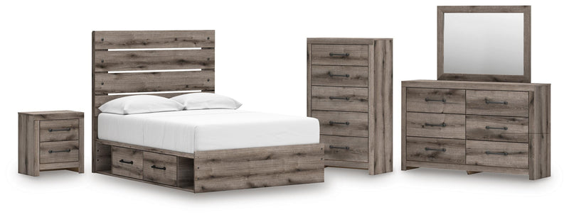 Graystorm Full Panel Storage Bed, Dresser, Mirror, Chest and Nightstand in Brown Gray - PKG021376