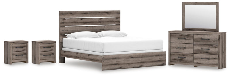 Graystorm King Panel Bed, Dresser, Mirror and 2 Nightstands in Brown Gray - PKG021356