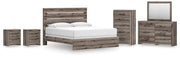 Graystorm King Panel Bed, Dresser, Mirror, Chest and 2 Nightstands in Brown Gray - PKG021357
