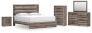 Graystorm King Panel Bed, Dresser, Mirror, Chest and Nightstand in Brown Gray - PKG021360