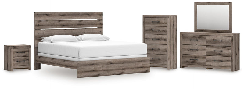 Graystorm King Panel Bed, Dresser, Mirror, Chest and Nightstand in Brown Gray - PKG021360