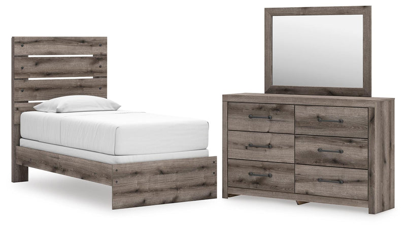 Graystorm Twin Panel Bed, Dresser and Mirror in Brown Gray - PKG021332