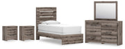 Graystorm Twin Panel Bed, Dresser, Mirror and 2 Nightstands in Brown Gray - PKG021333