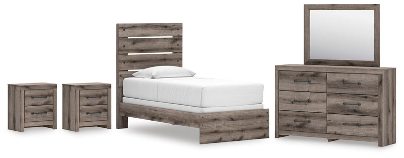 Graystorm Twin Panel Bed, Dresser, Mirror and 2 Nightstands in Brown Gray - PKG021333