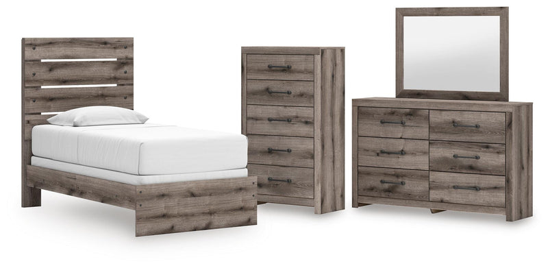 Graystorm Twin Panel Bed, Dresser, Mirror and Chest in Brown Gray - PKG021336