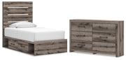 Graystorm Twin Panel Bed with Storage and Dresser in Brown Gray - PKG021385
