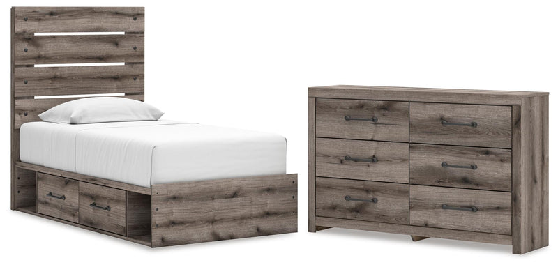 Graystorm Twin Panel Bed with Storage and Dresser in Brown Gray - PKG021385
