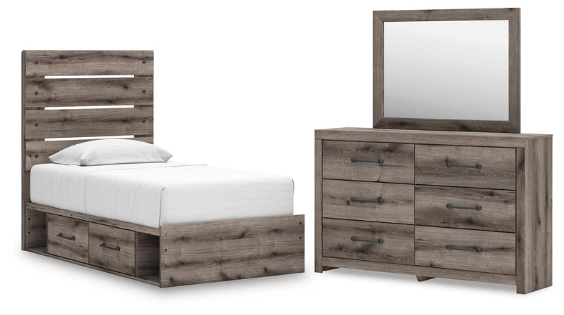 Graystorm Twin Panel Bed with Storage, Dresser and Mirror in Brown Gray - PKG021379