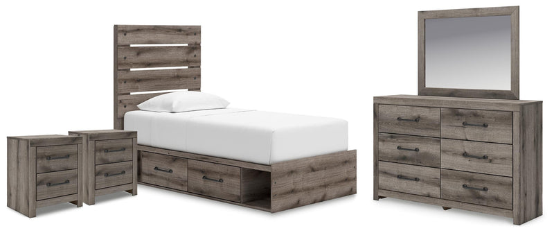 Graystorm Twin Panel Bed with Storage, Dresser, Mirror and 2 Nightstands in Brown Gray - PKG021380