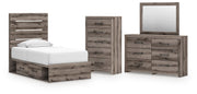 Graystorm Twin Panel Bed with Storage, Dresser, Mirror and Chest in Brown Gray - PKG021383
