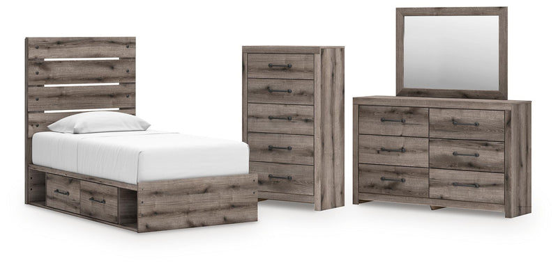 Graystorm Twin Panel Bed with Storage, Dresser, Mirror and Chest in Brown Gray - PKG021383