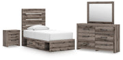 Graystorm Twin Panel Bed with Storage, Dresser, Mirror and Nightstand in Brown Gray - PKG021382