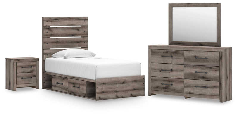 Graystorm Twin Panel Bed with Storage, Dresser, Mirror and Nightstand in Brown Gray - PKG021382