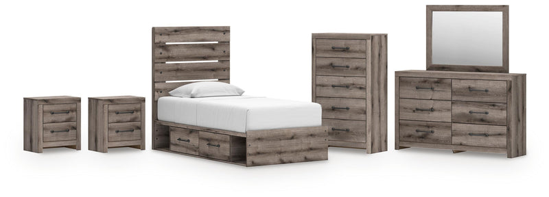 Graystorm Twin Panel Bed with Storage, Dresser, Mirror, Chest and 2 Nightstands in Brown Gray - PKG021381