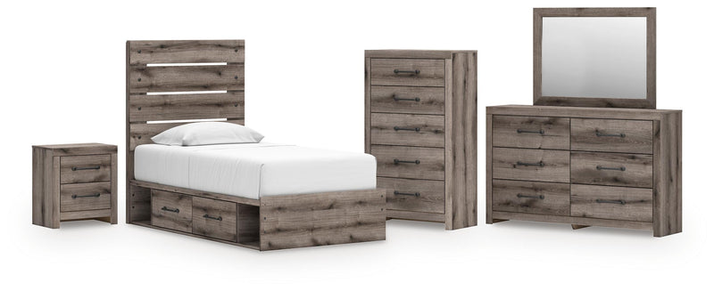 Graystorm Twin Panel Bed with Storage, Dresser, Mirror, Chest and Nightstand in Brown Gray - PKG021384