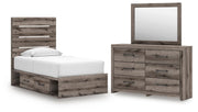 Graystorm Twin Panel Storage Bed, Dresser and Mirror in Brown Gray - PKG021363