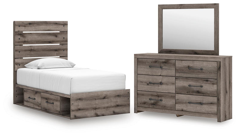 Graystorm Twin Panel Storage Bed, Dresser and Mirror in Brown Gray - PKG021363