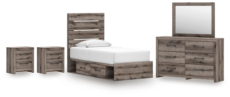 Graystorm Twin Panel Storage Bed, Dresser, Mirror and 2 Nightstands in Brown Gray - PKG021364