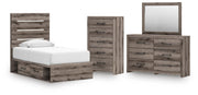 Graystorm Twin Panel Storage Bed, Dresser, Mirror and Chest in Brown Gray - PKG021367