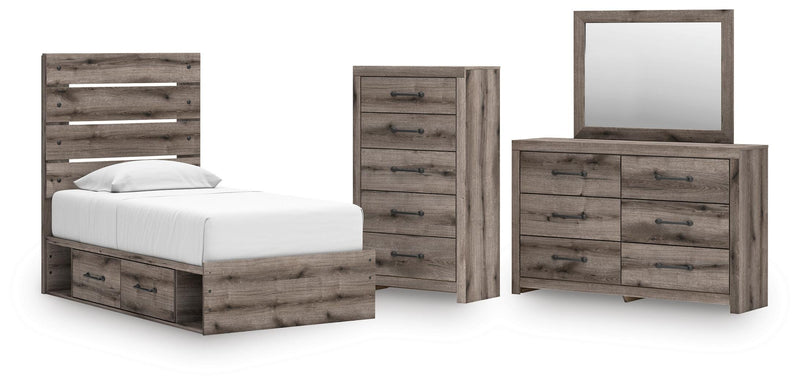 Graystorm Twin Panel Storage Bed, Dresser, Mirror and Chest in Brown Gray - PKG021367
