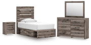 Graystorm Twin Panel Storage Bed, Dresser, Mirror and Nightstand in Brown Gray - PKG021366