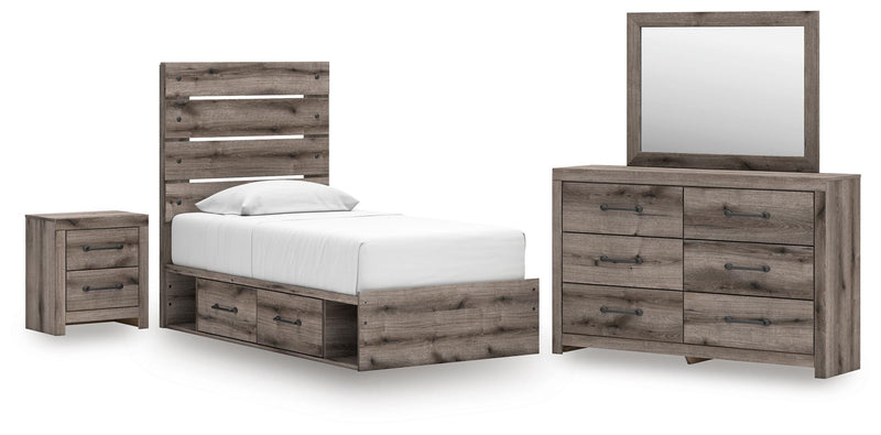 Graystorm Twin Panel Storage Bed, Dresser, Mirror and Nightstand in Brown Gray - PKG021366