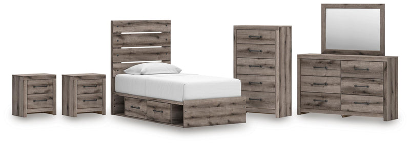 Graystorm Twin Panel Storage Bed, Dresser, Mirror, Chest and 2 Nightstands in Brown Gray - PKG021365