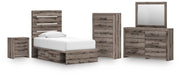 Graystorm Twin Panel Storage Bed, Dresser, Mirror, Chest and Nightstand in Brown Gray - PKG021368