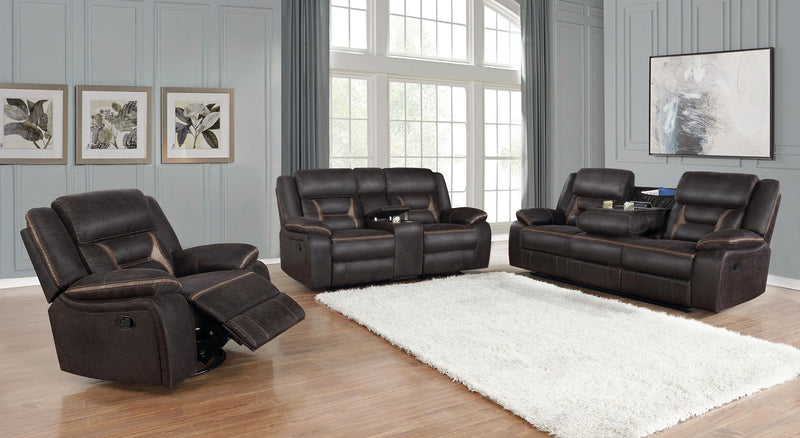 Greer Upholstered Motion Reclining Loveseat Brown - 651355