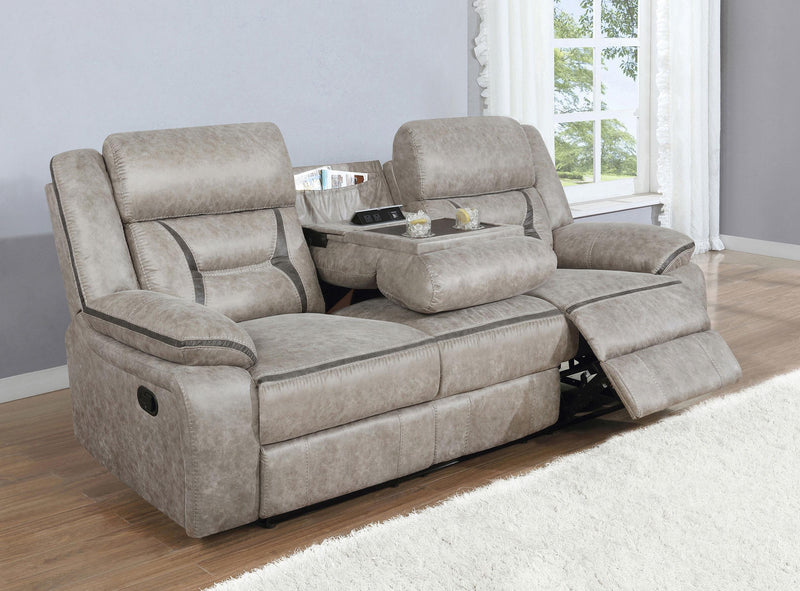 Greer Upholstered Motion Reclining Sofa Taupe - 651351