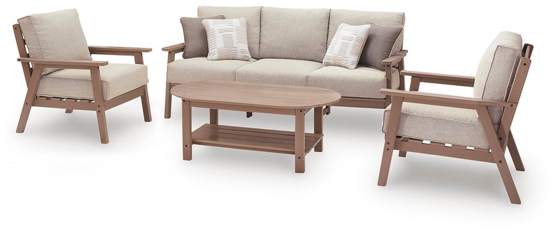 Grover Beach Outdoor Sofa and 2 Chairs with Coffee Table in Driftwood - PKG024040