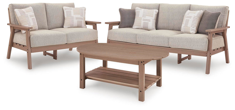 Grover Beach Outdoor Sofa and Loveseat with Coffee Table in Driftwood - PKG024038