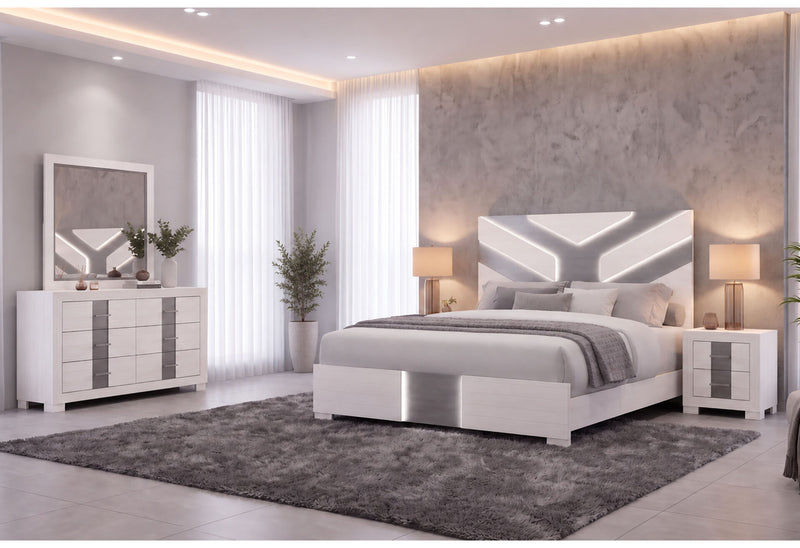 Optimus White Queen Bed, Dresser, Mirror And Nightstand - OPTIMUS-WHT/GRY-QB DR MR NS