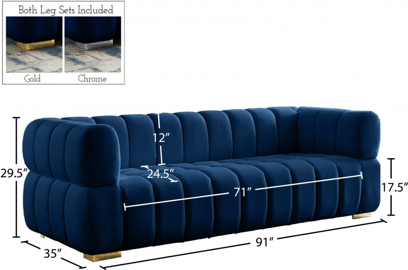 Gwen 91" Velvet Upholstered Sofa in Blue - 670Navy-S