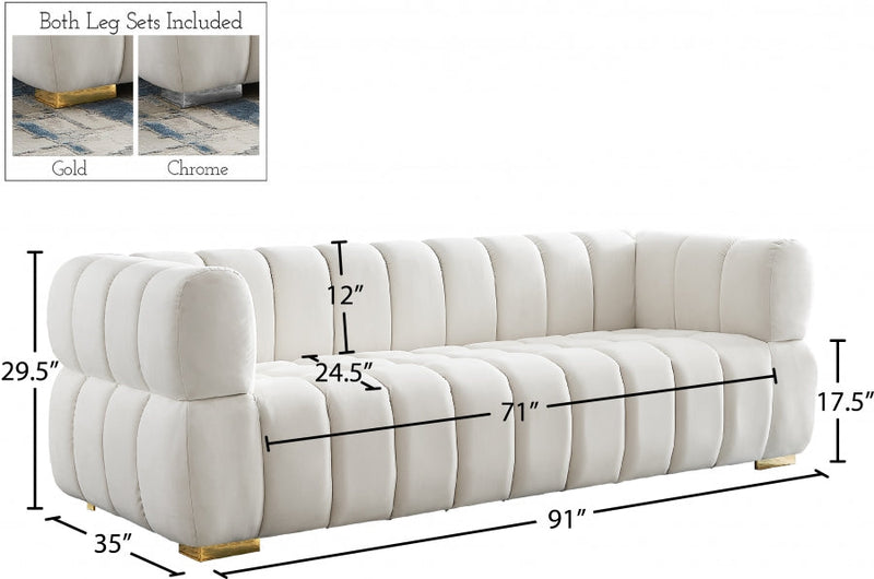 Gwen 91" Velvet Upholstered Sofa in Cream - 670Cream-S